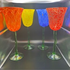 Nouveau Handcrafted Confetti Art Glass Flower Stem Tulip Wine Glass Set of 4